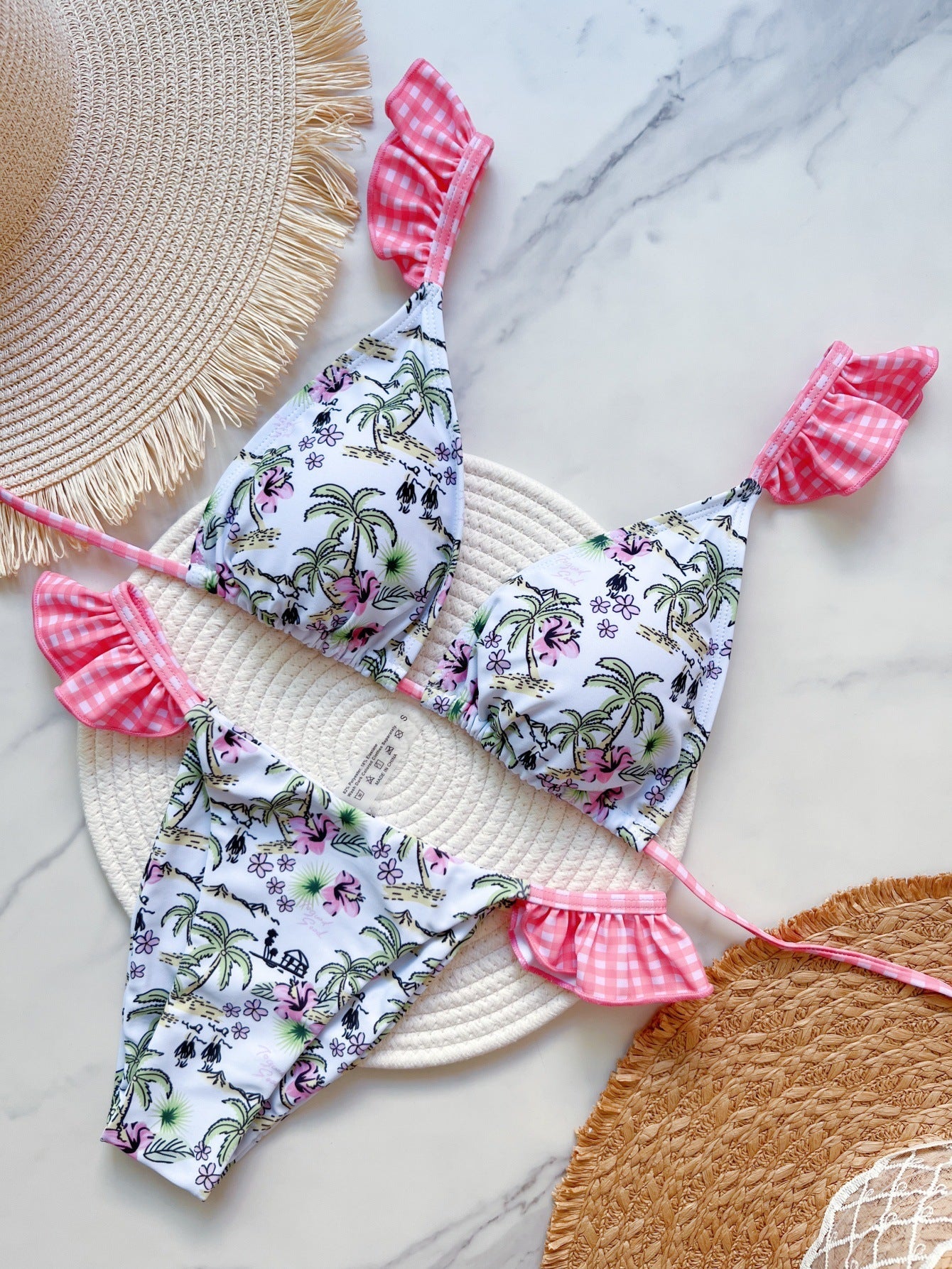 Popular Coconut Tree Printed Lace up Flying Bikini Suit Low Waist Lace up