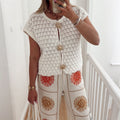 Simple Vacation Short Sleeve Hollow Out Cutout T shirt Wool Women Clothing Autumn Winter
