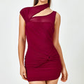 Mesh Dress Sexy Hollow Out Cutout Sloping Shoulder Backless Hip Fold Short Dress