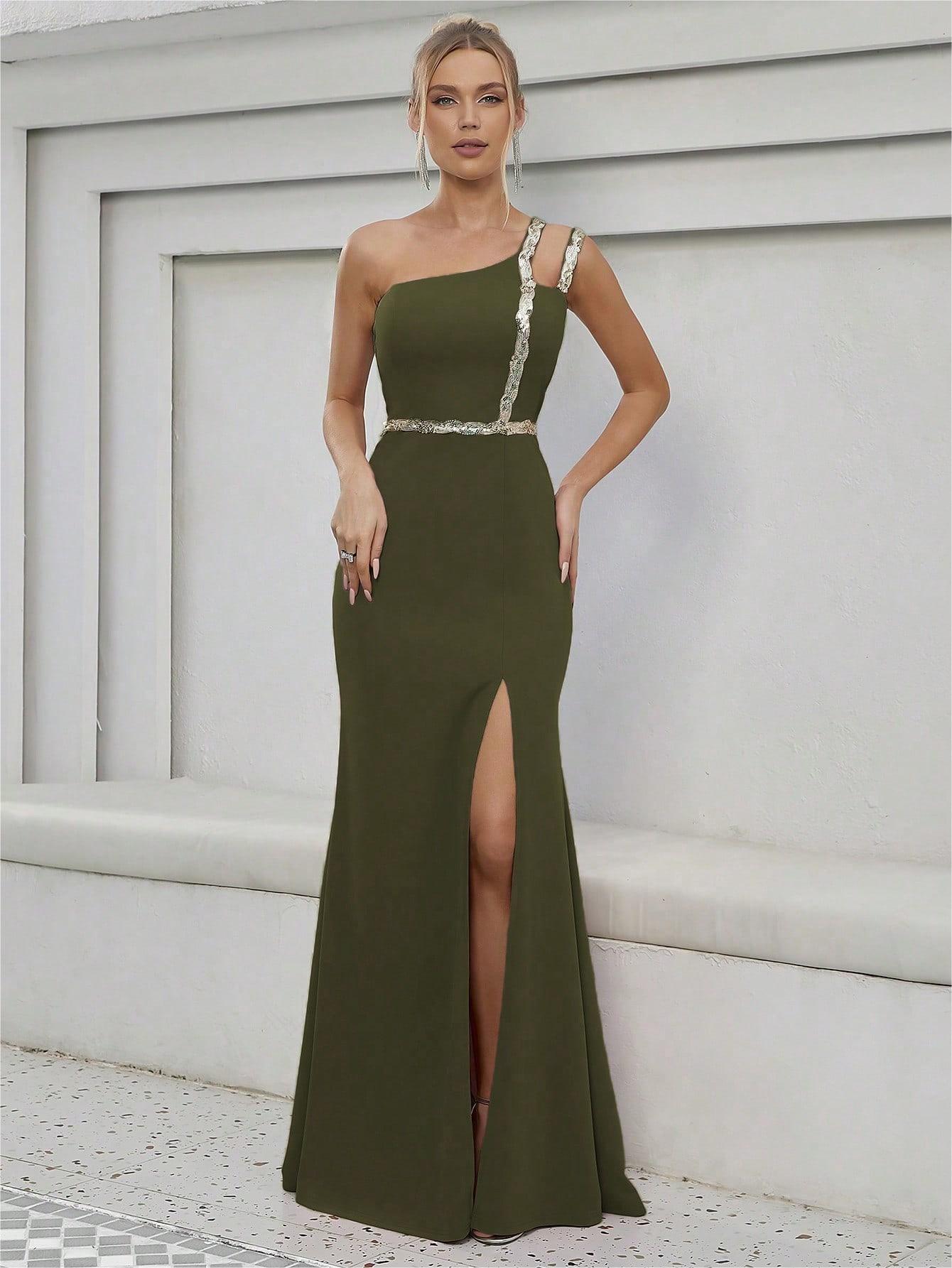 One Shoulder Evening Dress Metal Ribbon Slit Large Swing Evening Dress Dance Dress Party Dress Bridesmaid Dress Summer
