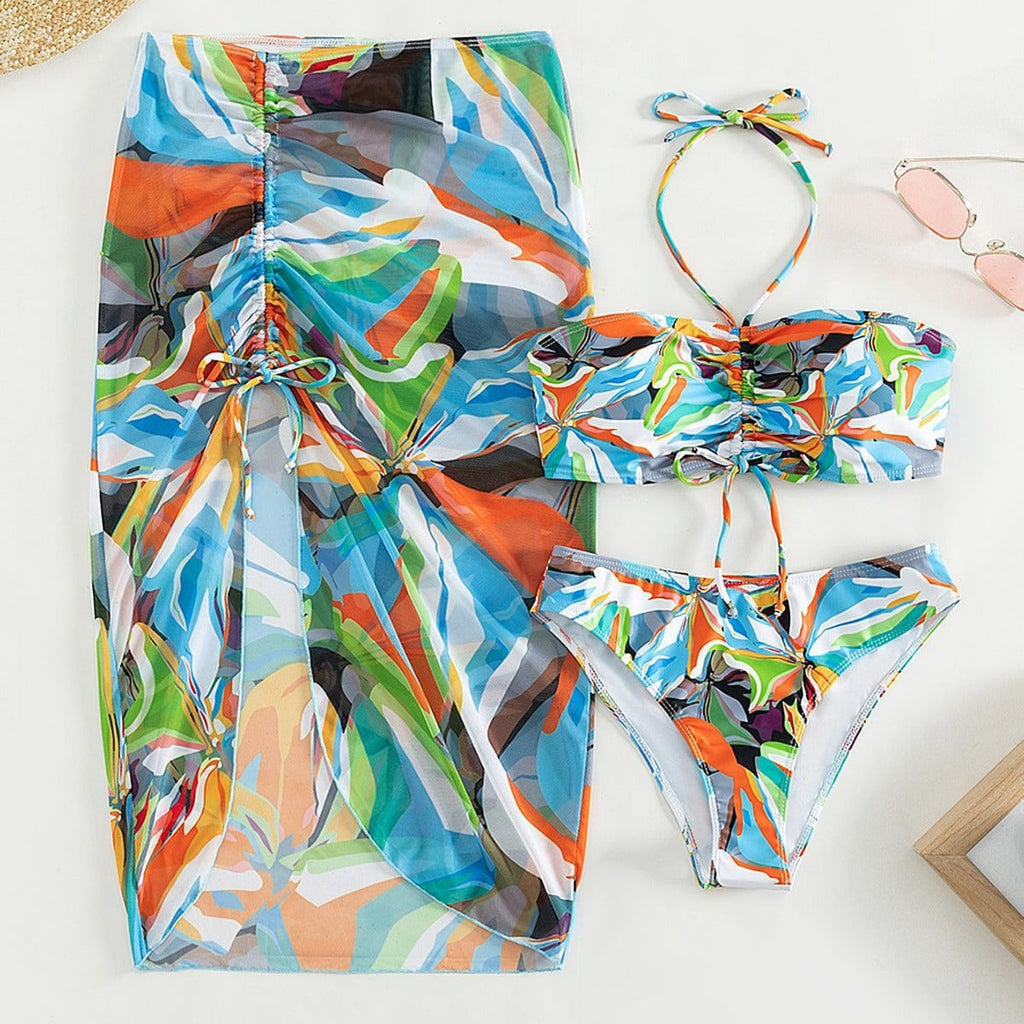 Split Bikini Three Piece Set Sexy Printed Lace up Drawstring Bikini
