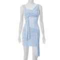 Women Clothing Summer Sexy Solid Color Ribbon Pleated Short Dress