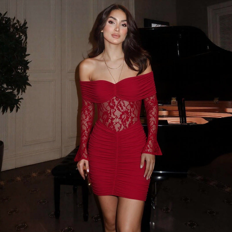 Sexy Tube Top Sleeve Stitching Lace See through Ruffle Hip Short Dress