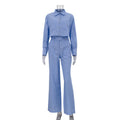 Women Clothing Striped Collared Long Sleeve Short Shirt Loose Wide Leg Pants Two Piece Set