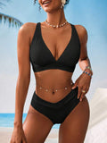 Bikini Solid Color Deep V Plunge Thread Sunken Stripe Sexy Bikini Split Swimsuit Women