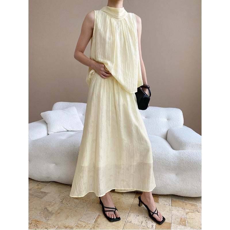Early Autumn Tencel Blended Chinese Dark Pattern Vest Skirt Two Piece Set