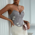 Sexy Deep V Plunge neck Low Cut Lace up Three Dimensional Butterfly Floral Backless Boning Corset Tube Top Vest