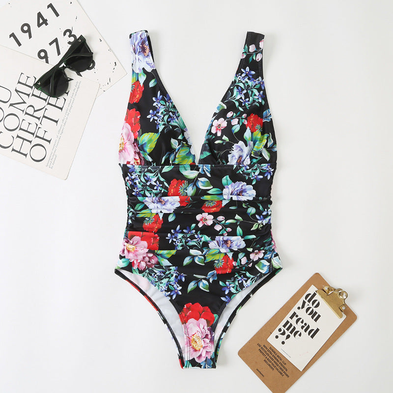 One Piece Women Triangle High Waist Multi Color Printed Swimsuit Domestic Conservative Swimsuit Swimwear