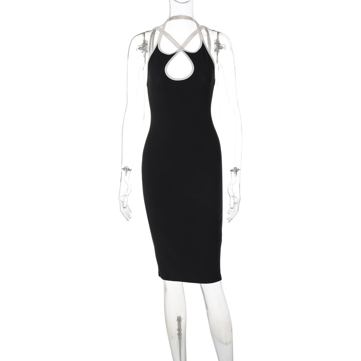 Contrast Color Hollow Out Cutout Slim Fit Dress Women Clothing Spring Halter Backless Lace up Hip