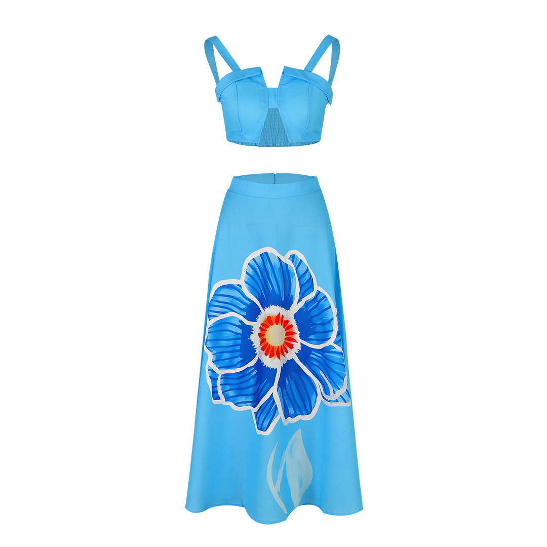 Retro Large Printed Beach Skirt Set Sexy Split Two Piece Sets