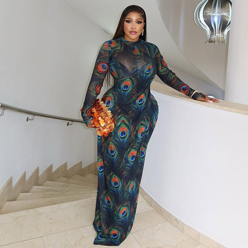 Graceful Personality Women Clothing Printed Sexy Hip Slightly Transparent Turtleneck Long Sleeve Slim Fit Dress