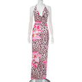 Women Clothing Dignified Floral Leopard Print Swing Collar Backless Rope Skinny Maxi Dress
