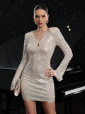 Women Sequin Heavy Industry Nail Bubble Beads Front Chest Hollow Out Cutout Slim Slit Long Sleeve Party Cocktail Party Formal Dress Women