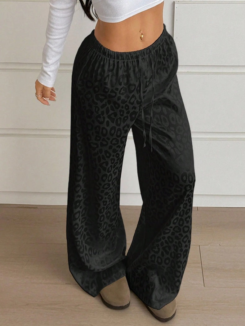 Women Clothing Autumn Satin Casual Pants Drawstring Leopard Print Mop Wide Leg Pants Long Pants