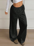 Women Clothing Autumn Satin Casual Pants Drawstring Leopard Print Mop Wide Leg Pants Long Pants