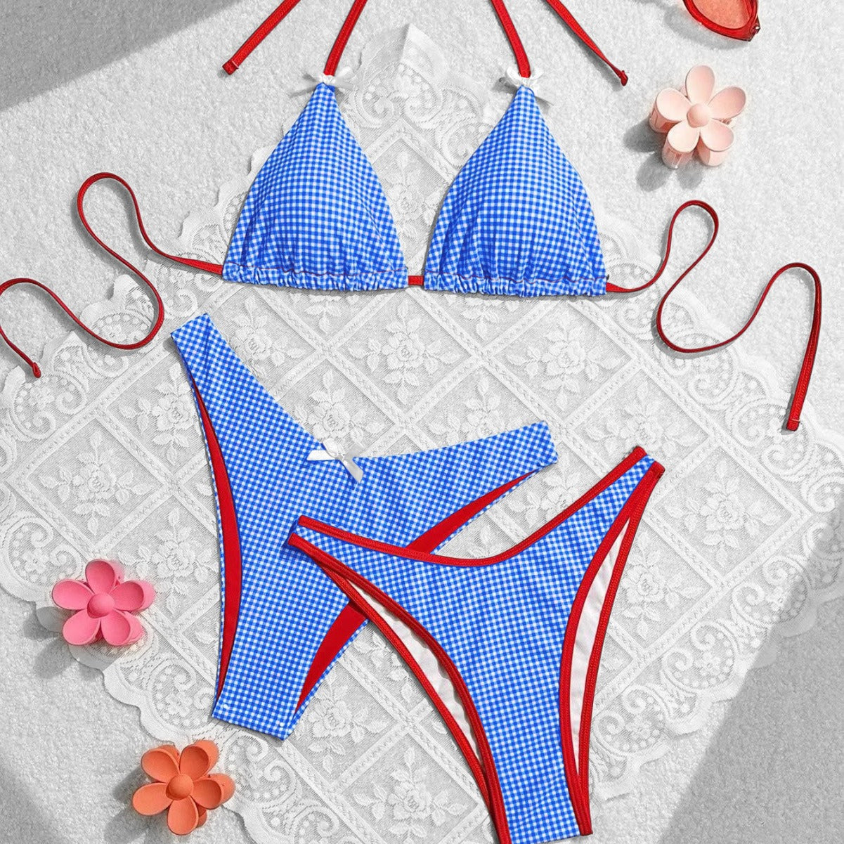 Summer Sweet Bow Floral Plaid Women Split Vacation Swimsuit Bikini