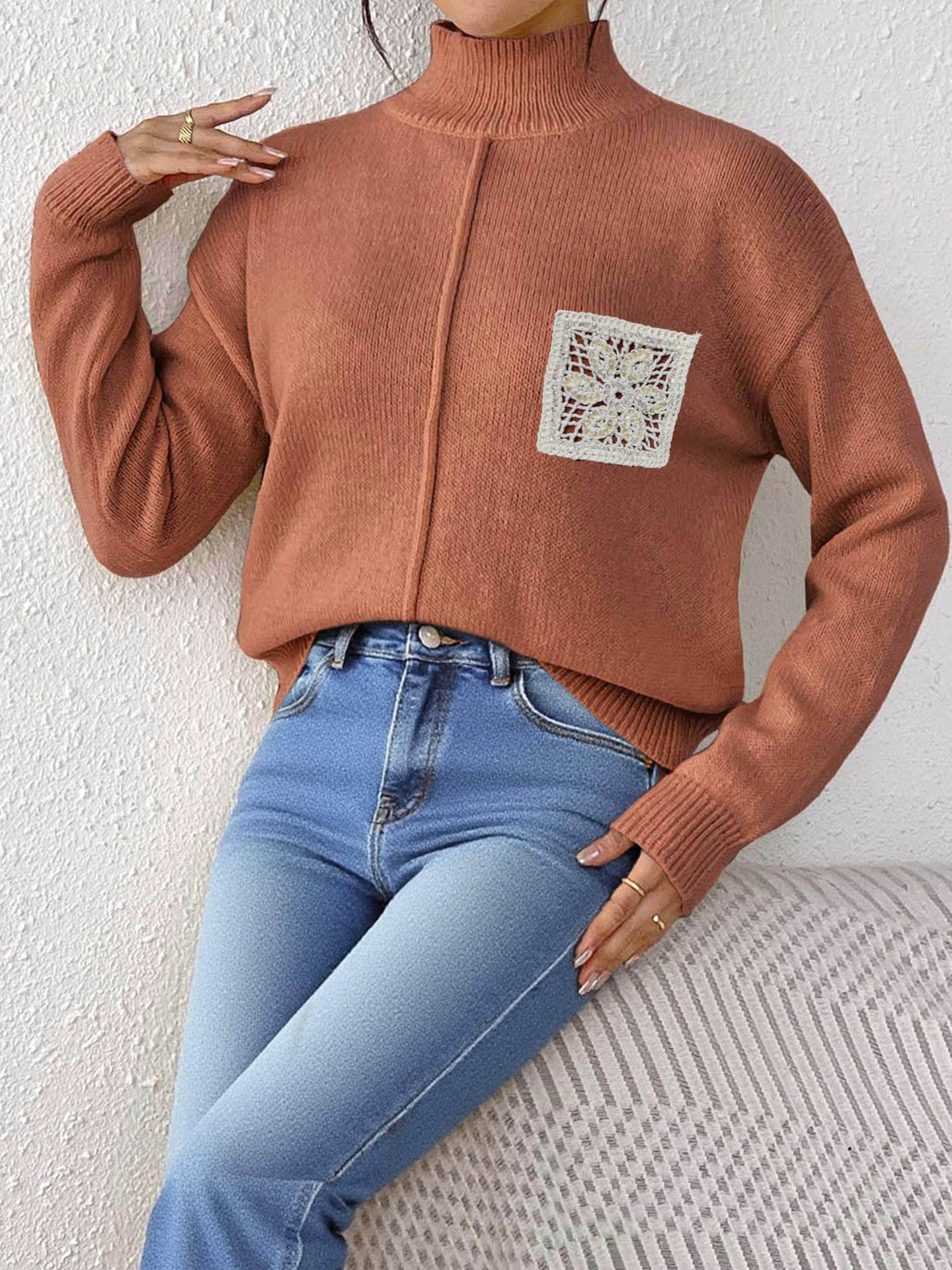 Autumn Winter Women Clothing Solid Color Half Collar Pullover Sweater Sequined Hollow Out Cutout Pocket Stitching Sweater for Women