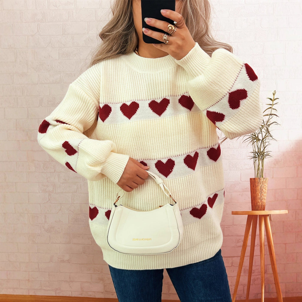 Autumn Winter Contrast Color Heart Knitted Top Crew Neck Casual Loose Warm Office Sweater for Women