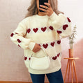 Autumn Winter Contrast Color Heart Knitted Top Crew Neck Casual Loose Warm Office Sweater for Women