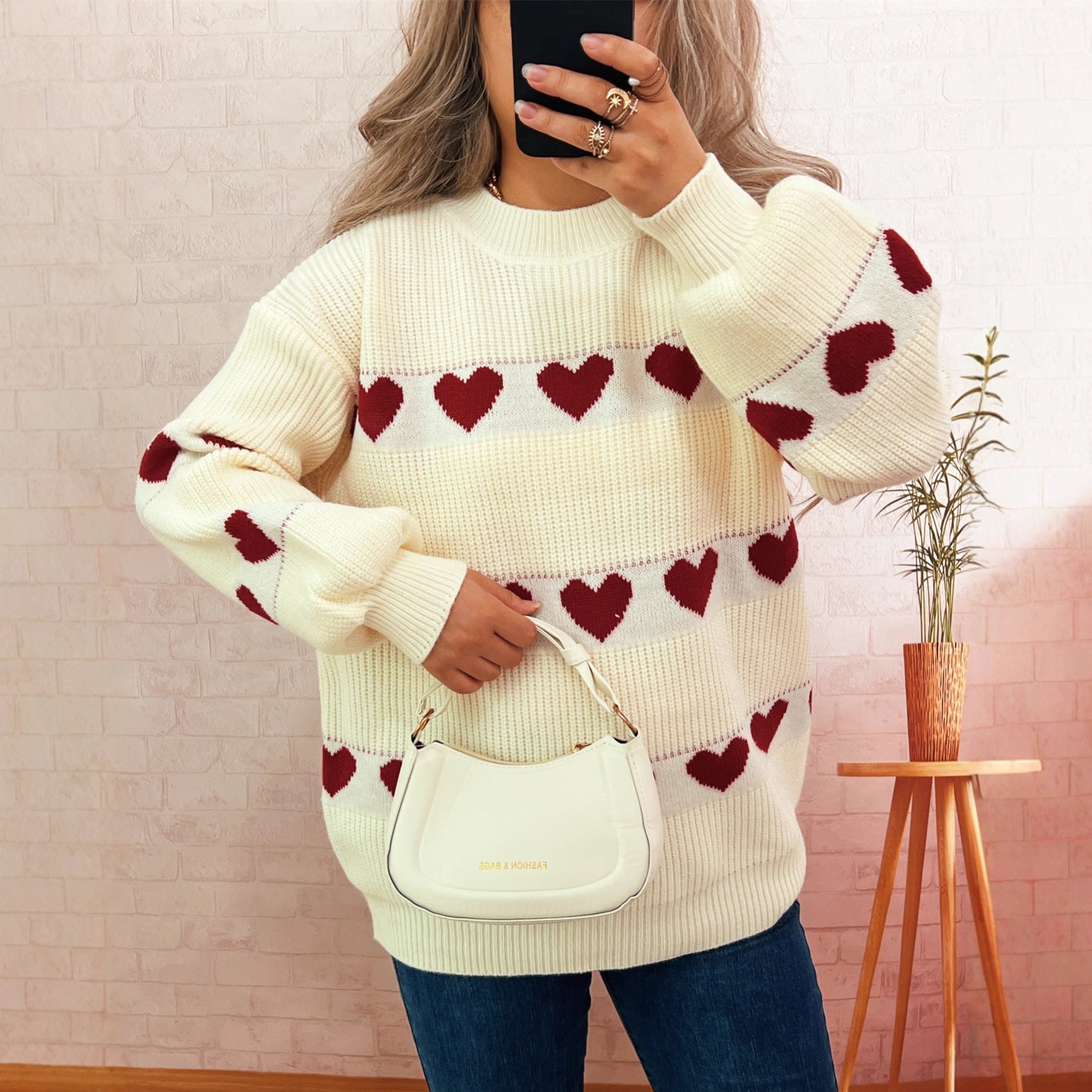 Autumn Winter Contrast Color Heart Knitted Top Crew Neck Casual Loose Warm Office Sweater for Women