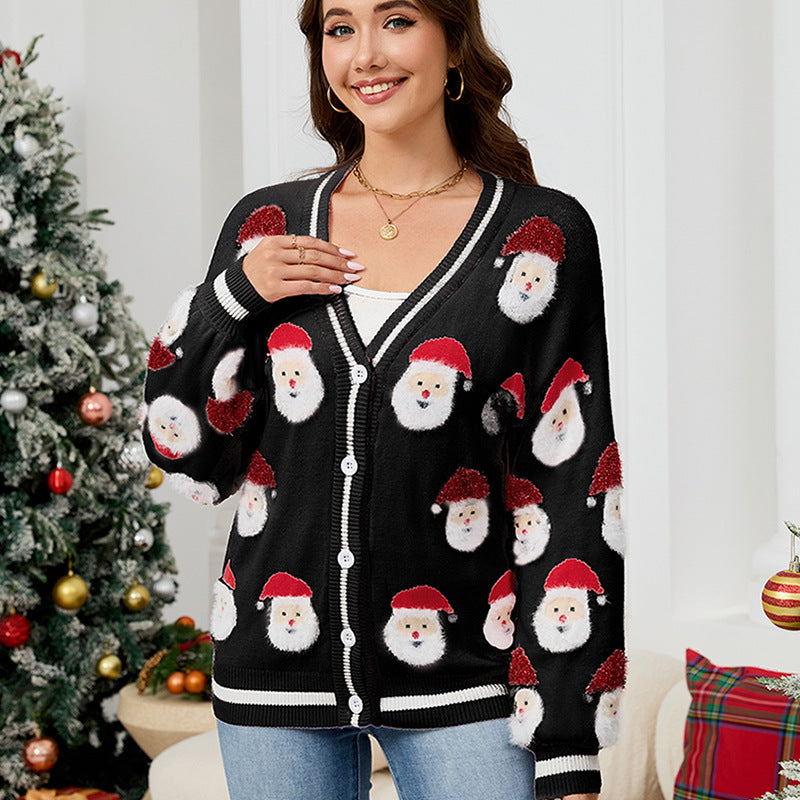 Women Casual Santa Claus Brocade Sweater Cardigan Autumn Winter Christmas Sweater