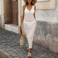 Sleeveless Knitted Beach Skirt Hollow Out Cutout Beach Cover Up Long Vest Seaside Sheath Dress