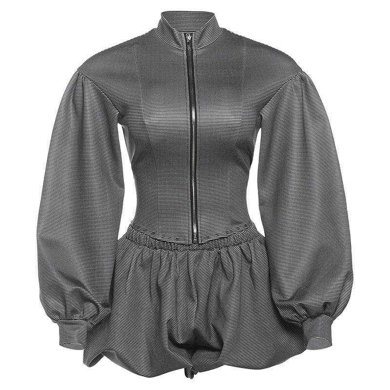 Women Clothing Autumn Personalized Stand up Collar Slim Fit Zipper Coat Sexy Hip Wrapped Pants Skirt Set for Women