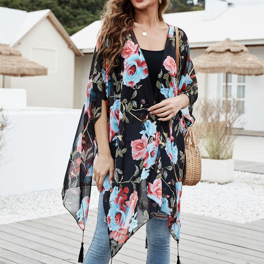 Spring Summer Casual Sun Proof Blue Pink Rose Printed Tassel Blouse Mid Length Sun Proof Clothing