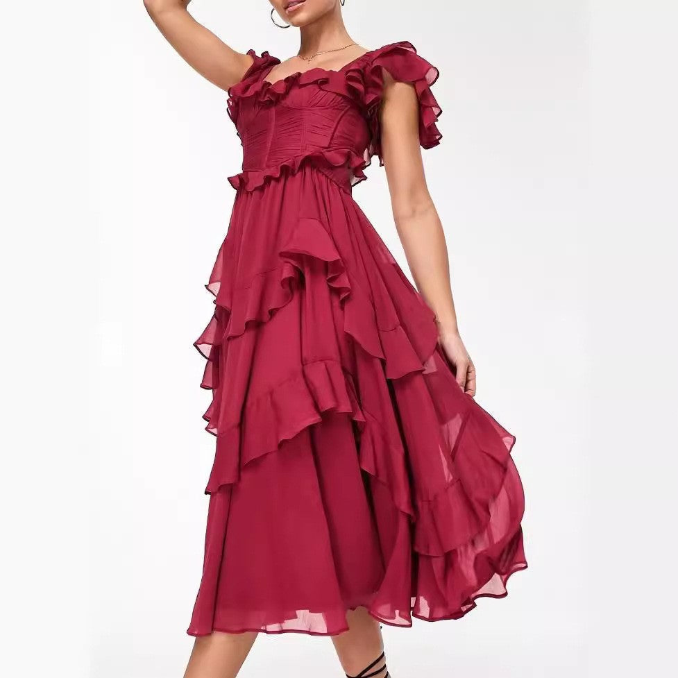 Dress Holiday Dress Lace Backless Hollow Out Cutout out Tiered Dress Ruffled Pleated Dress