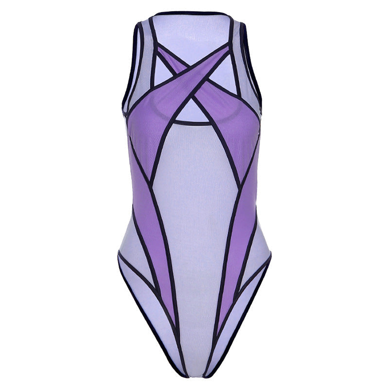 Summer Women Clothing Color Contrast Patchwork T-shirt Sexy Mesh See-through Slim Fit Bodysuit for Women