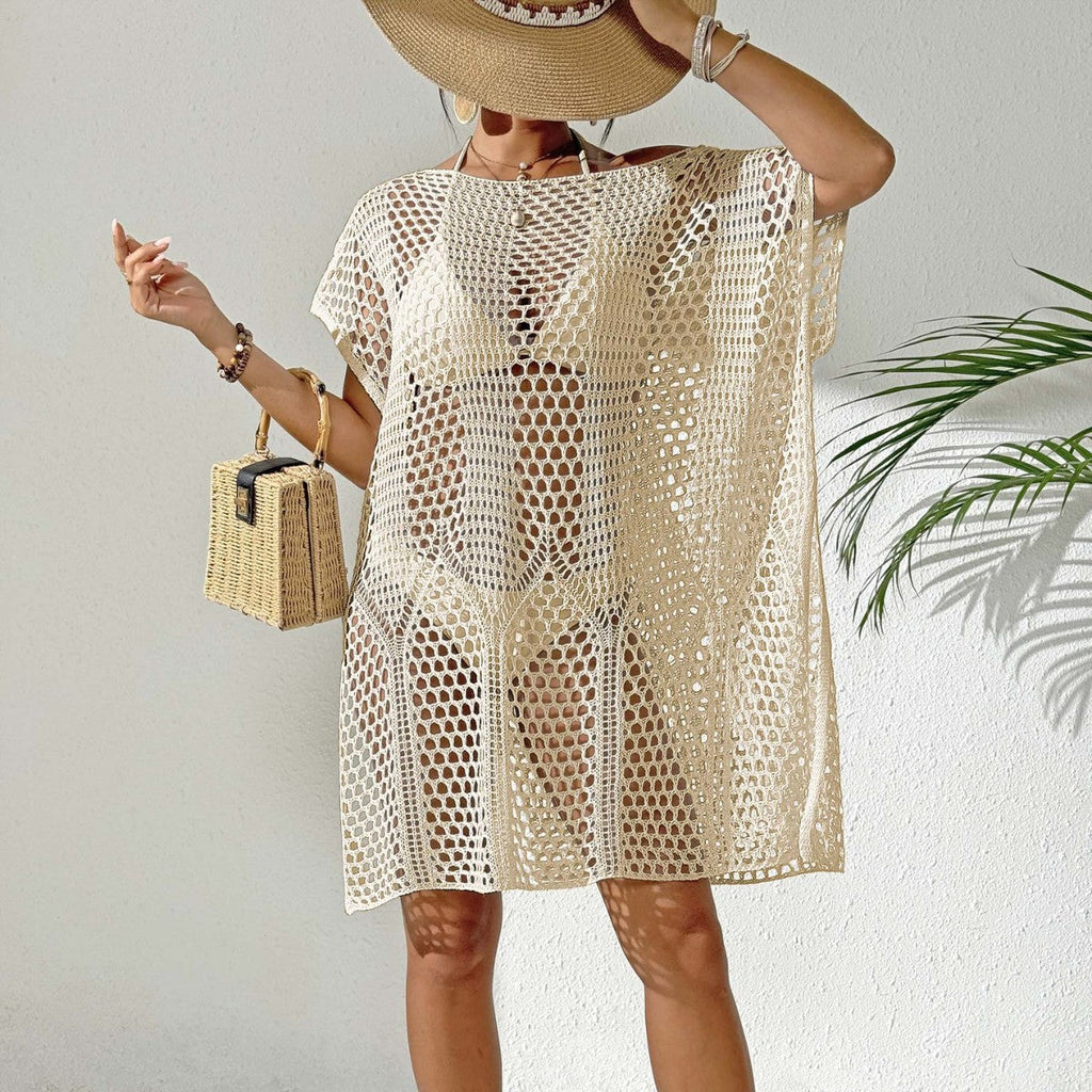 Women Holiday Blouse Women Sexy Woven Hollow Out Cutout out off Shoulder Bikini Overclothes Beach Dress