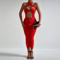 Fashionable Floral Cross Halter Hollow Out Cutout Sexy Chest lattering Dress Elegant Holiday Pleated Hip Dress for Women