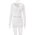 Women Clothing Fall V neck Low Cut Ruffled Hooks Cardigan Top Sheath Skirt Set