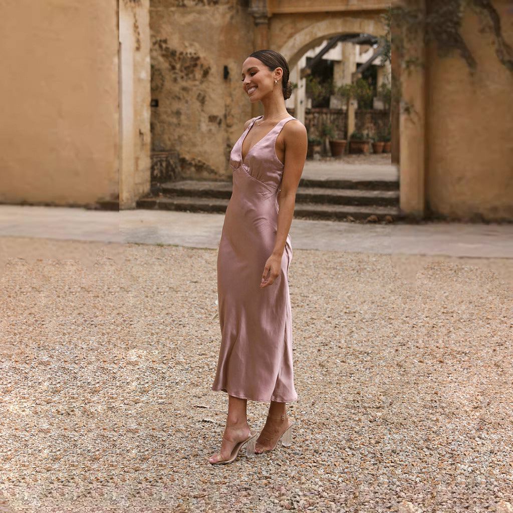 Split Sling Dress Sexy V neck Summer Midi Dress Women Clothing
