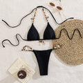 Low Waist Pure Black Sexy Three Point Bikini Tied Top Backless Split Swimsuit Women