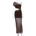 Women Clothing Summer Sexy off Shoulder Gauze Hollow Out Cutout Slim Fit Pleated See through Dress