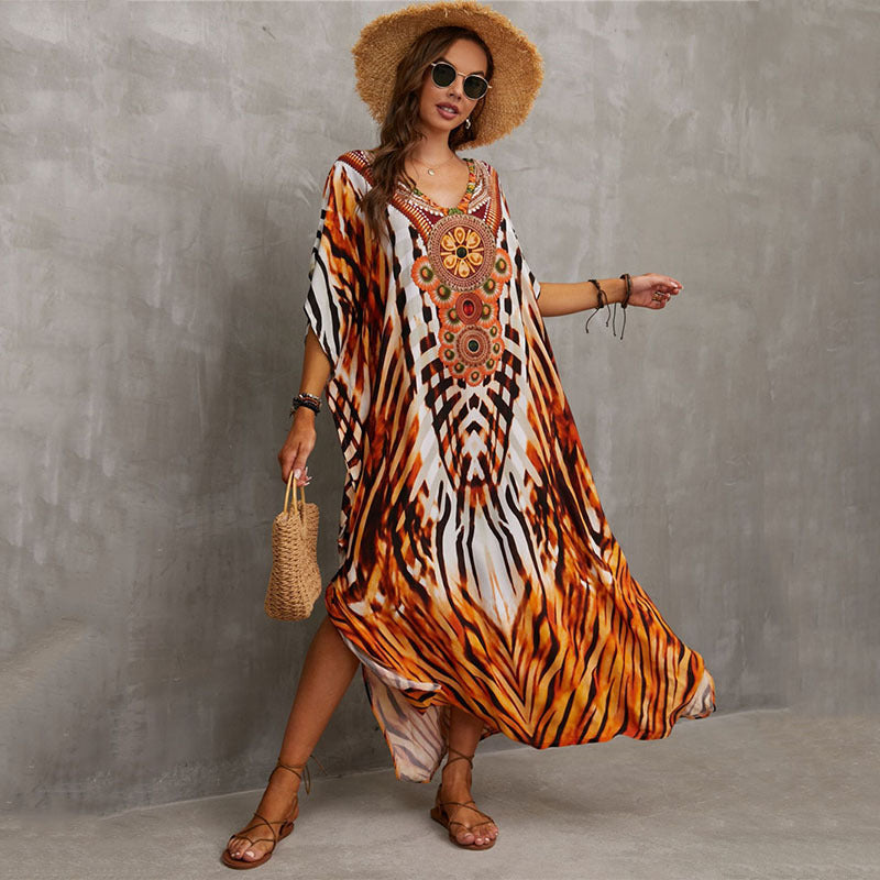 Rayon Positioning Printing Beach Cover Up V Neck Robe Vacation Skirt Bikini Cover