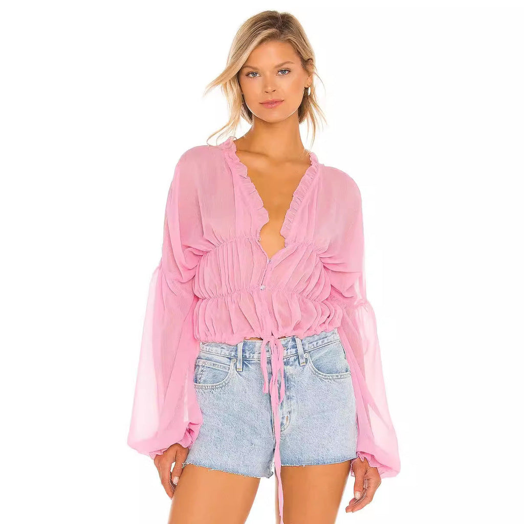 Fall Casual Women Wear Beach Cover Up Holiday Chiffon Bell Sleeve Top