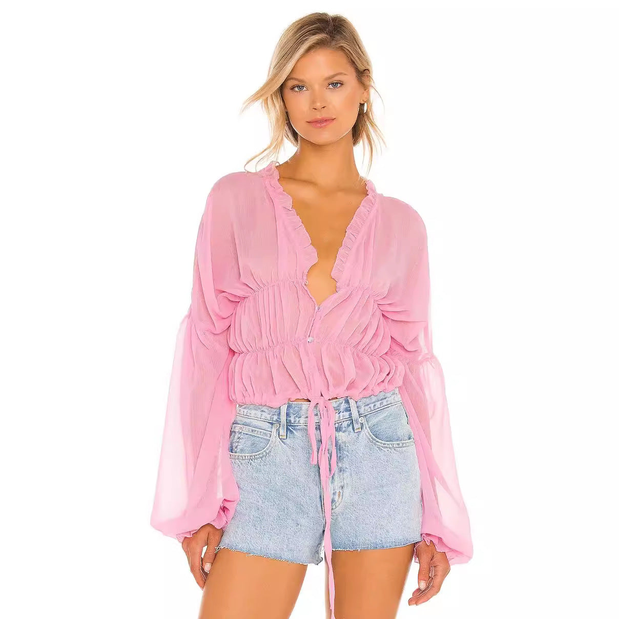 Fall Casual Women Wear Beach Cover Up Holiday Chiffon Bell Sleeve Top
