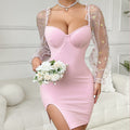 Fashionable Elegant Slim Fit Slim Sexy Hip Mesh See through Puff Sleeve Dress Women Clothing