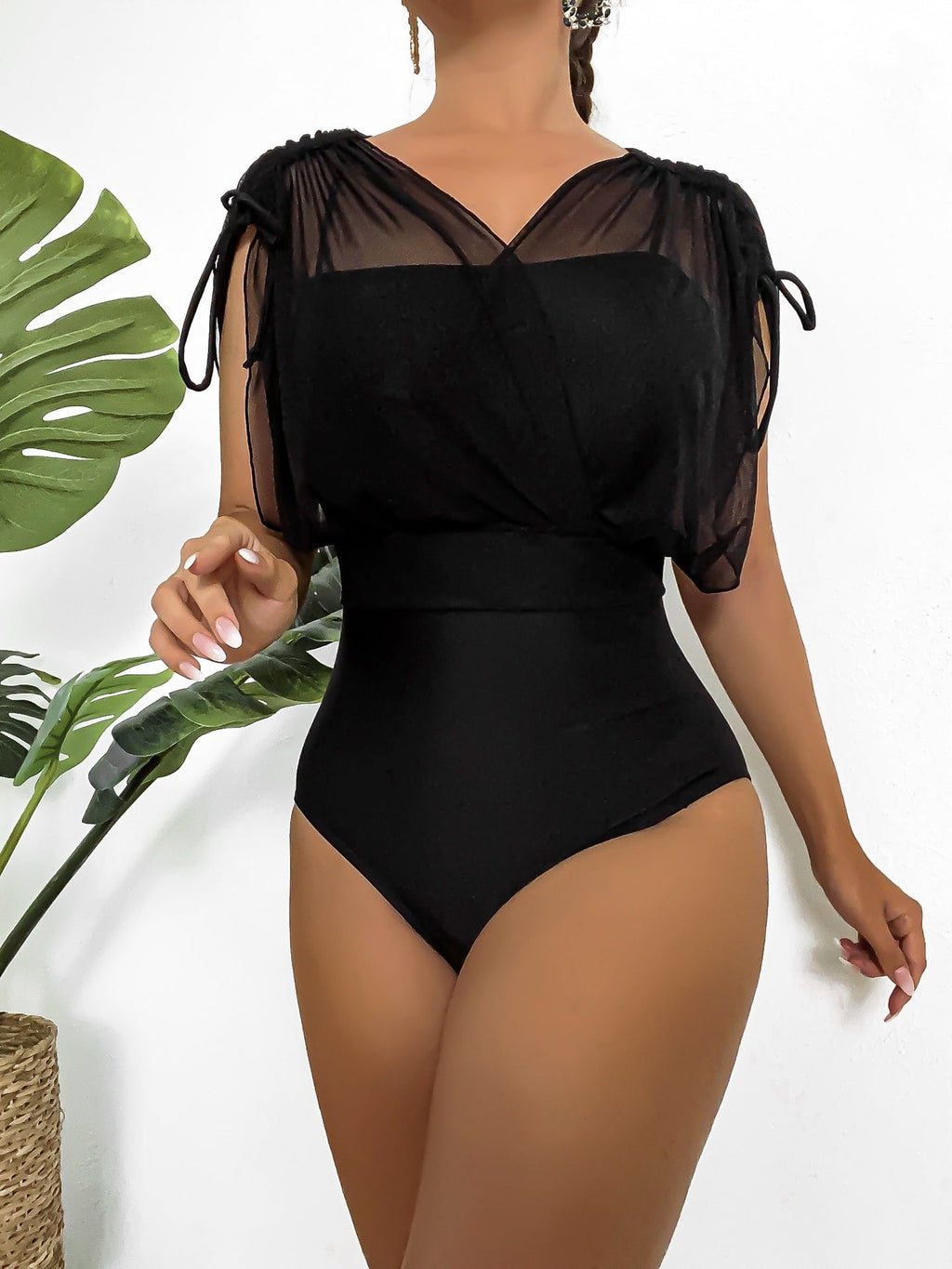 Sexy Solid Color One Piece High Waist Mesh V Neck Top