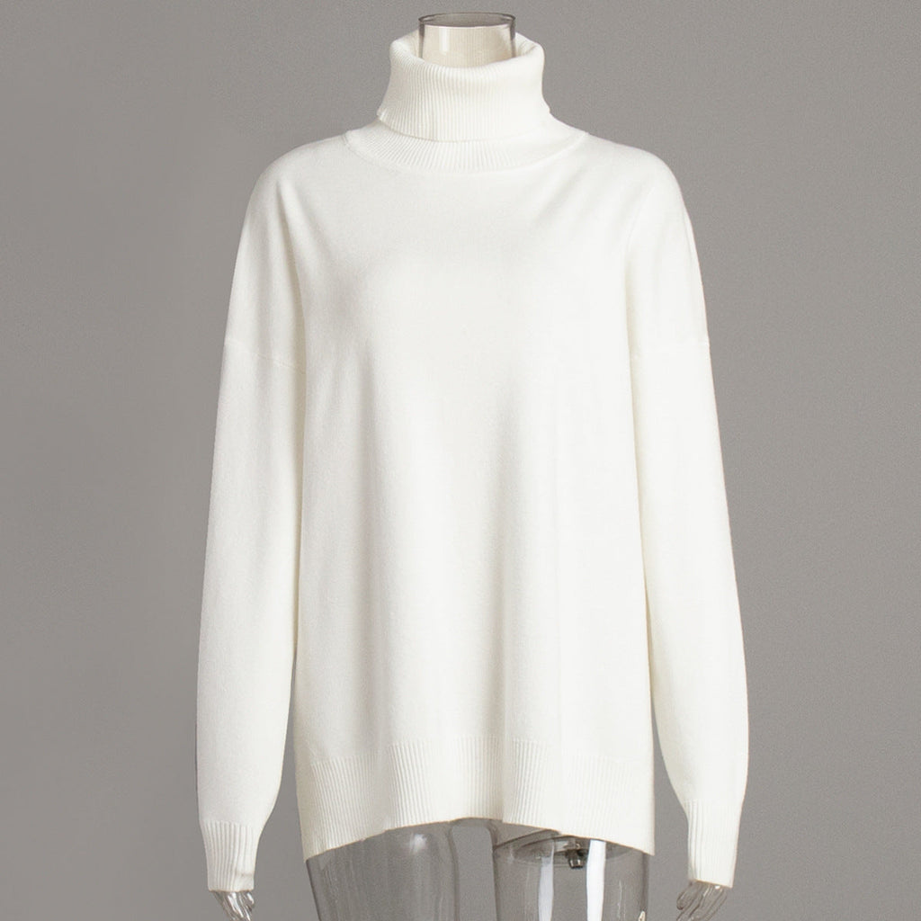 Turtleneck Sweater Women Autumn Winter Casual Sweater Slit Loose Solid Color Knitted Sweater