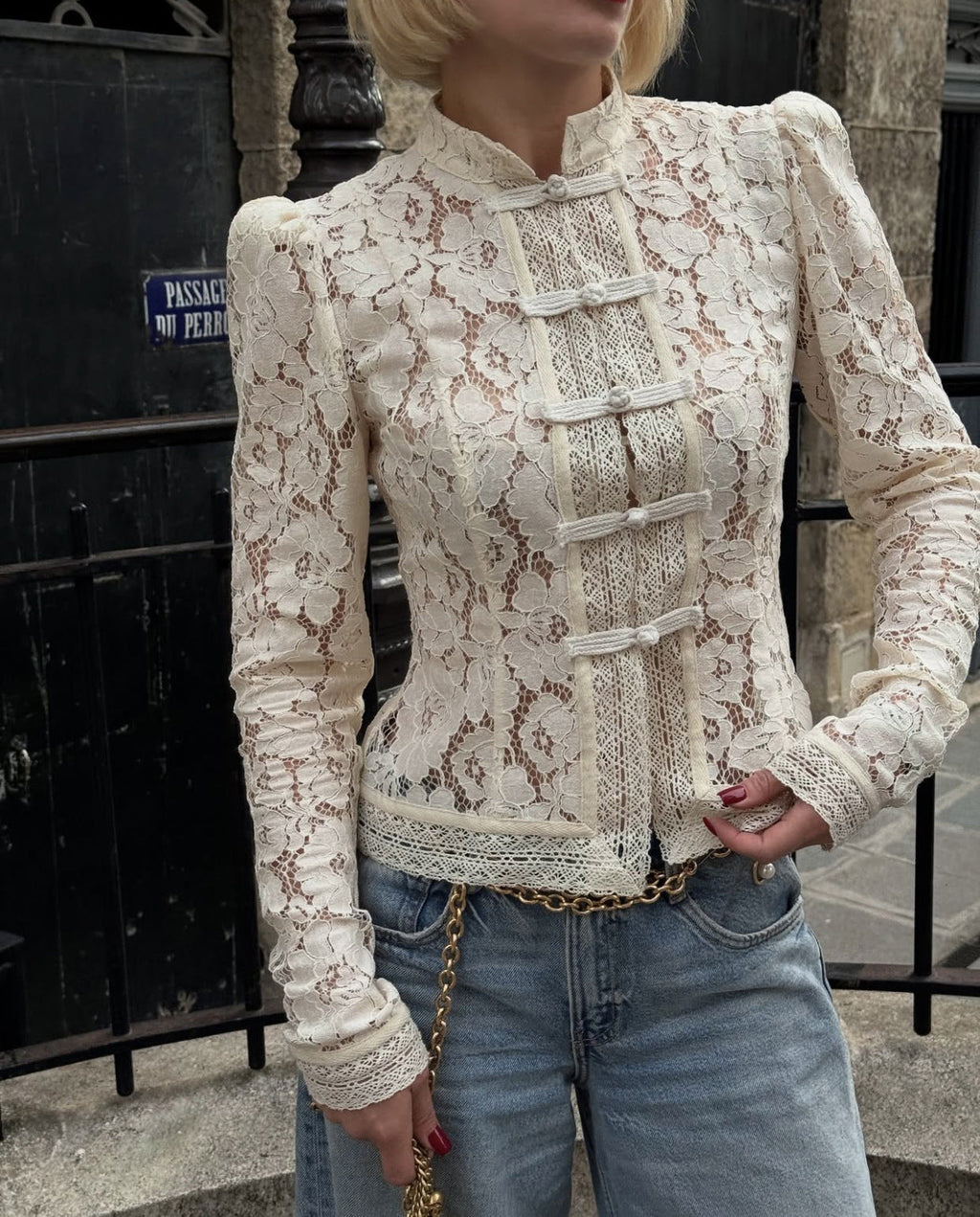 Summer in Office Lace Crochet Stand up Collar Slim Fit Stylish Shirt Women