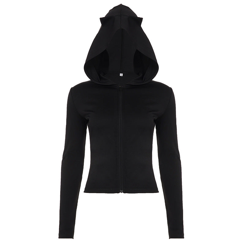 Sexy Little Devil Zipper Hooded Sweater Women Street Solid Color Slim Fit All Match Jacket