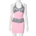 Women Clothing Spring Summer Lace up Halter Deep V Plunge neck Leopard Print Stitching Pleated Sheath Dress
