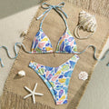 Ladies Sexy Fresh Ocean Print Halter Lace up Triangle Split Swimsuit