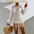 Beach Cover up Hollow Out Cutout out Knitted Dress Long Sleeve All Match Sun Protection Solid Color Tassel Dress See through Simple Sense