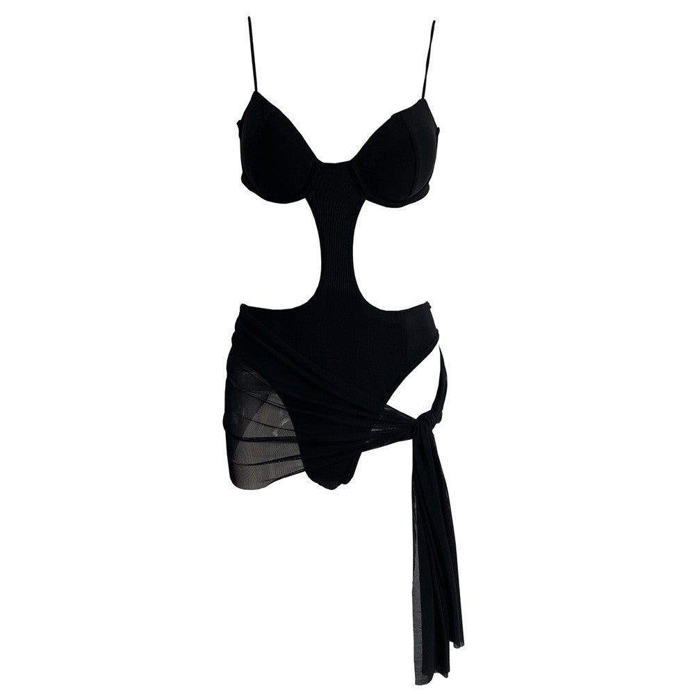 One Piece Solid Color Backless Sexy Slim Mesh Transparent One Piece Swimsuits Set