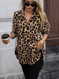 Women Autumn Satin Leopard Print Shirt Printed Long Sleeve Long Shirt