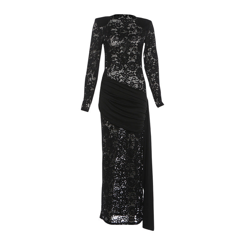 Autumn Winter Women Clothing round Neck See through Sexy Slim Side Slit Long Sleeve Elegant Dress